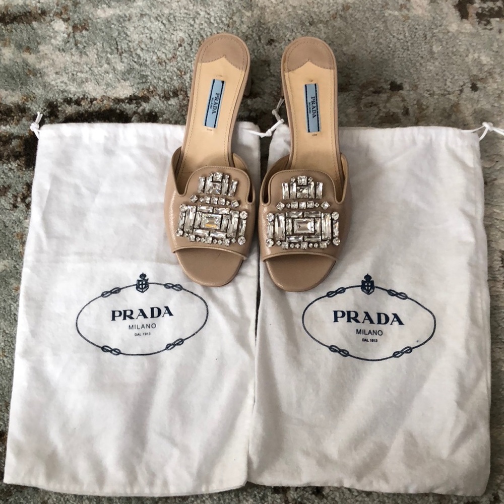 Prada Nude Jeweled Slide Sandals